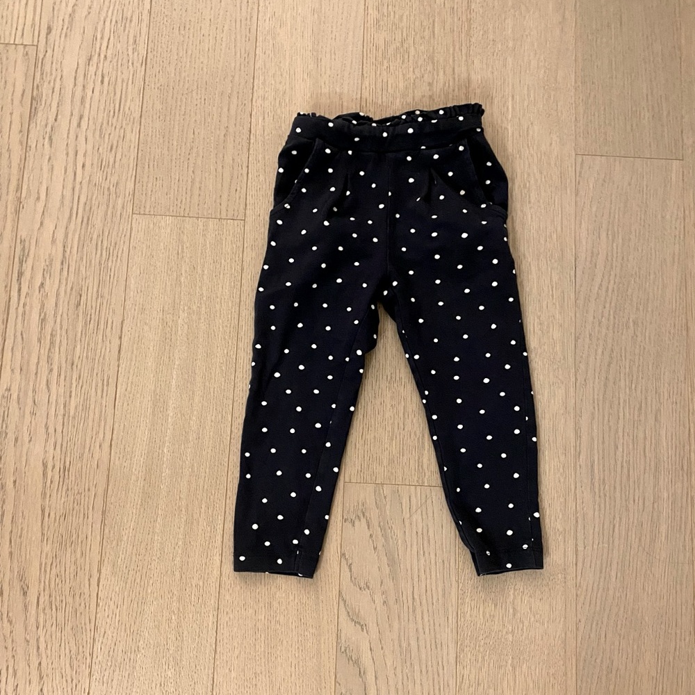 navy and white polka dot pants.
